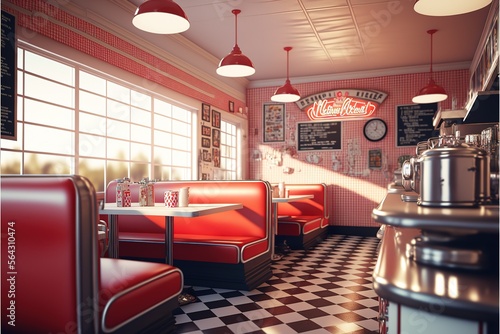 Leinwand Poster Retro cafe, american diner interior with tables, red sofas