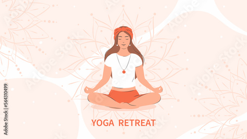 Yoga retreat. Woman meditating, practicing yoga. Vector illustration.