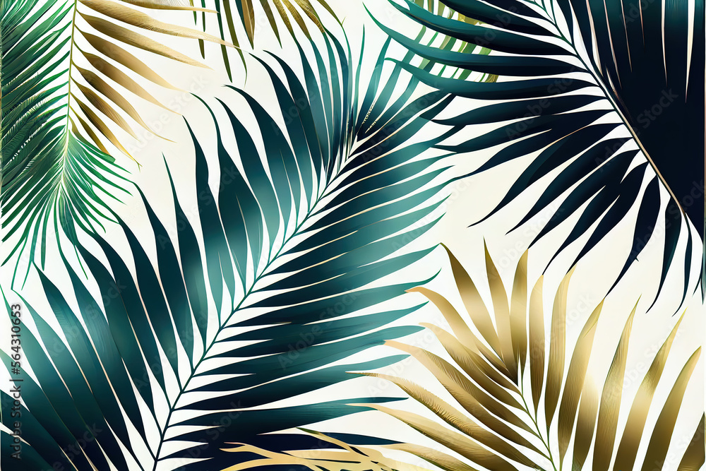Obraz premium Pattern of palm leaves prints on a white background. Generative AI