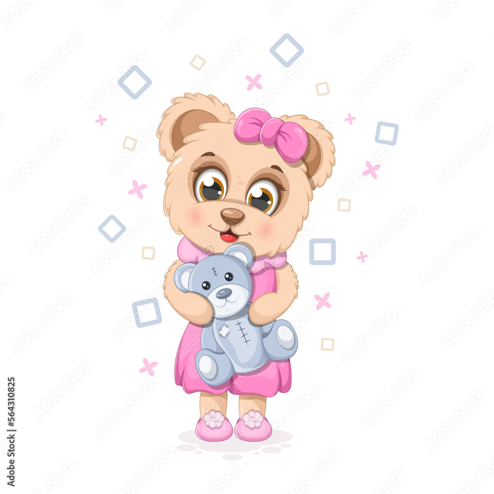 Little cartoon bear with a soft toy teddy bear Little cartoon bear with a soft toy teddy bear