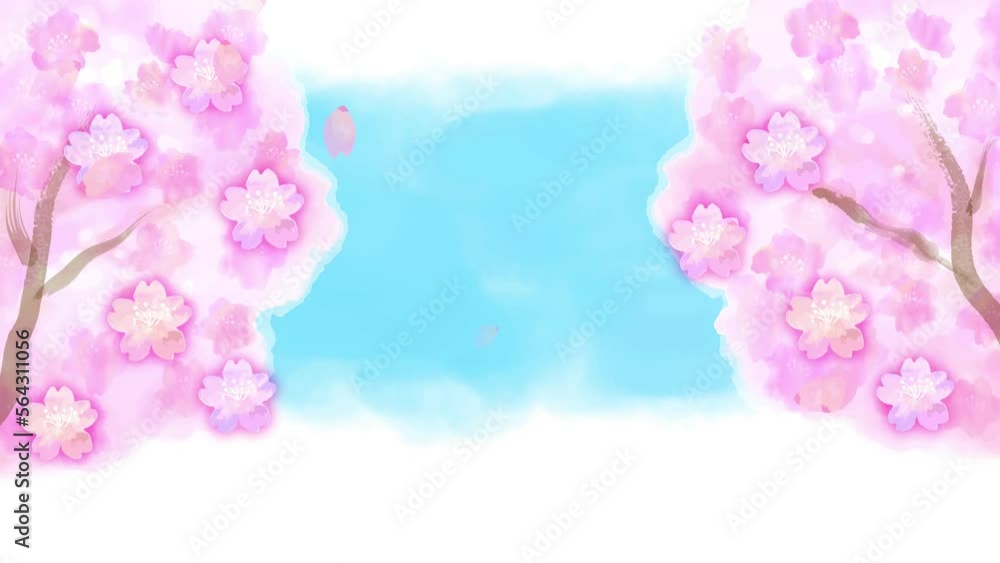花びらが舞う水彩の桜の木と空のループアニメーション 花びらが舞う水彩の桜の木と空のループアニメーション