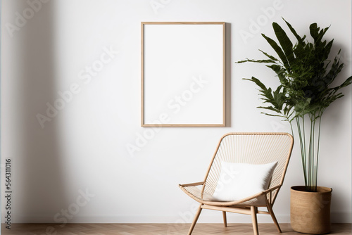 Blank picture frame mockup on white wall. White living room design. View of modern Boho style interior with chair. Home staging and minimalism concept