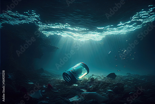 Plastic trash on the bottomn of the ocean. Generative AI photo