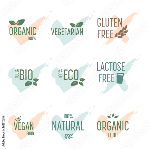 Set of organic food signs. Vegetarian, bio, eco, natural, gluten free, lactose free. Watercolor, vector illustration