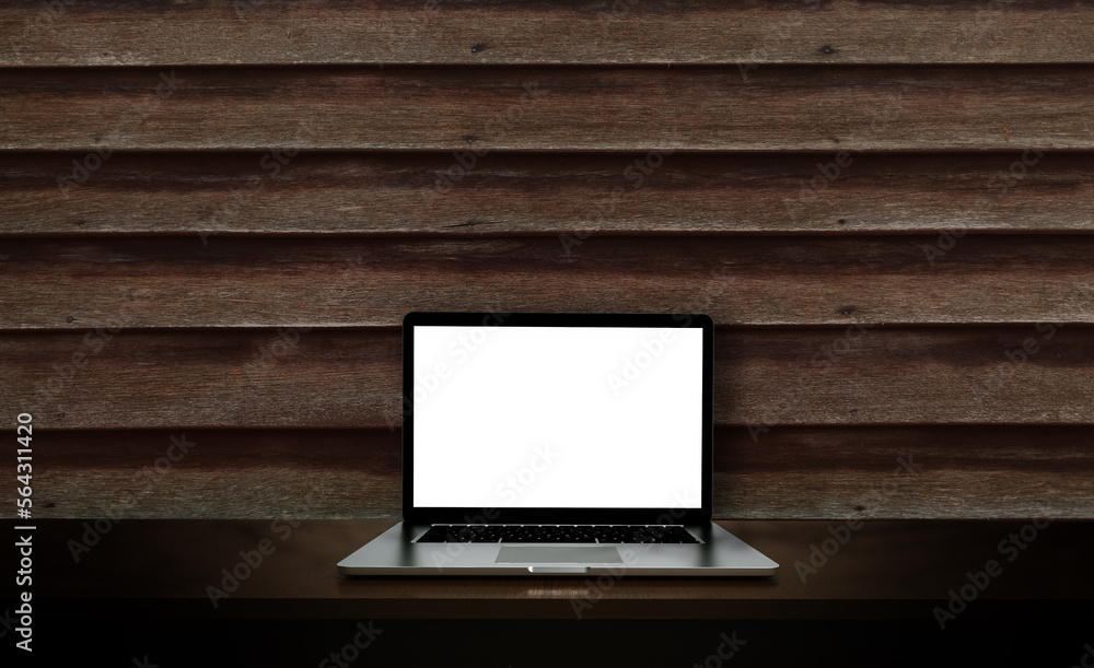 Fototapeta premium Modern laptop isolated on wooden background. 3D Illustration.
