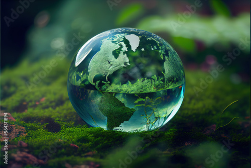 Glass globe with earth map lying on grass, earth day concept. Generative AI