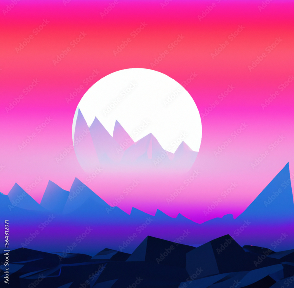 mountain landscape with setting sun that is a portal to diffrent dimension