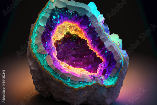 neon glowing 3d realistic crystals in a cracked geode made by generative ai