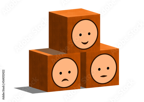 Fotografija 3 cubes en bois avec sur chaque face un visage joyeux triste ou sérieux