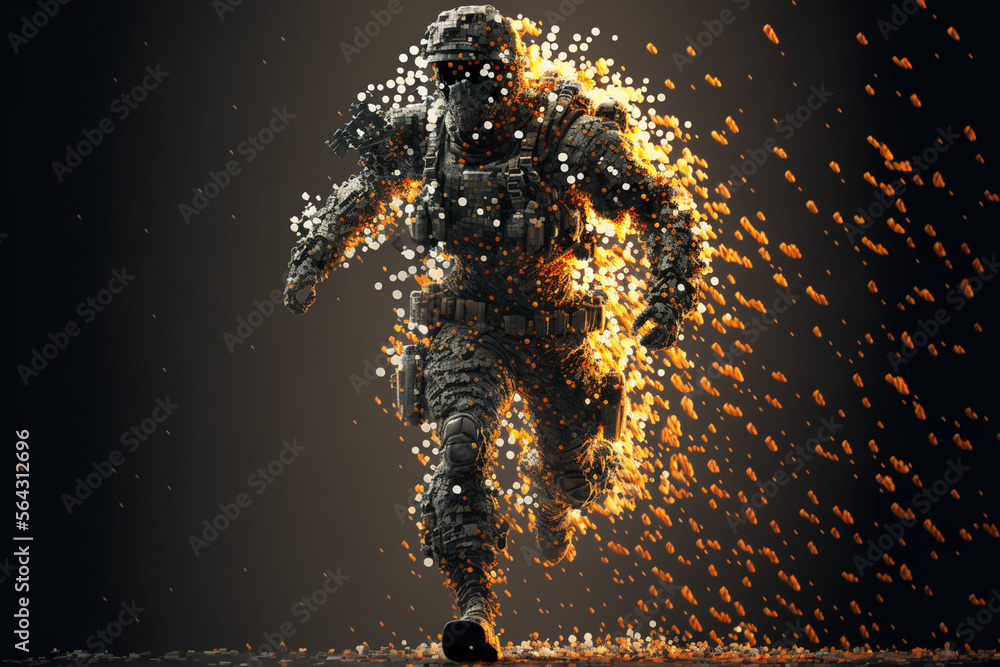 pointillism voxel soldier running while fading into dust made by generative ai