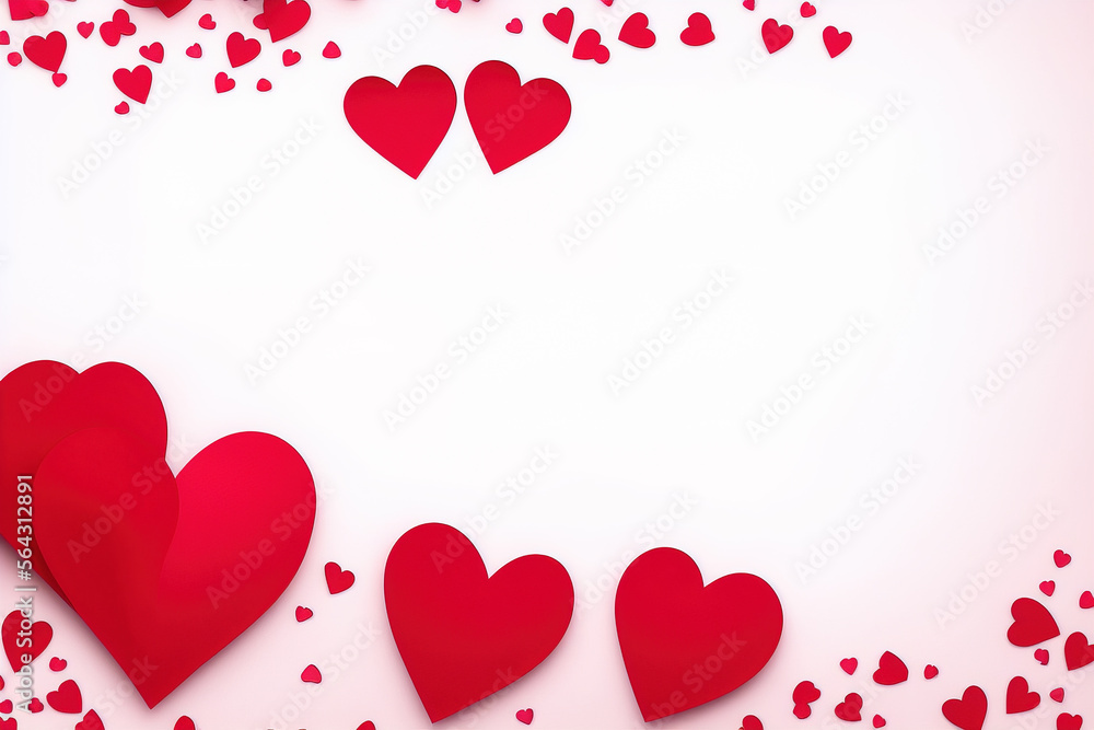 Valentine's day background with red and pink hearts like balloons on white background, flat lay, clipping path.