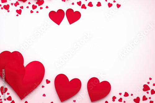 Valentine's day background with red and pink hearts like balloons on white background, flat lay, clipping path.