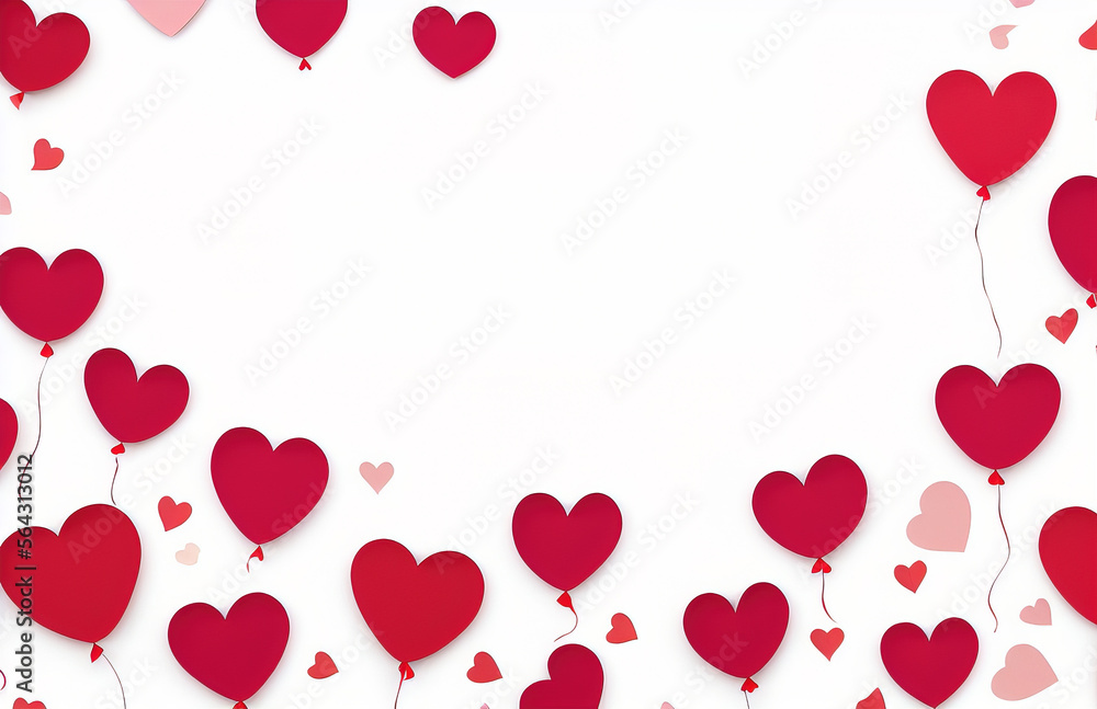 Valentine's day background with red and pink hearts like balloons on white background, flat lay, clipping path
