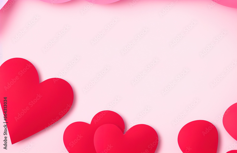 Valentine's day background with red and pink hearts like balloons on pink background, flat lay, clipping path