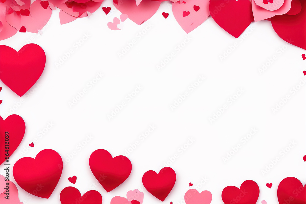 Valentine's day background with red and pink hearts like balloons on white background, flat lay, clipping path