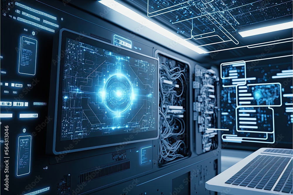 Fototapeta premium Super computer and quantum server rack in Data center control room. Generetive AI