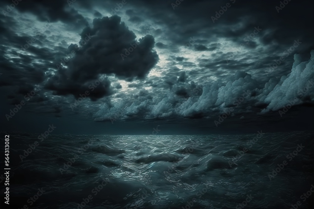 Blue sea water surfaces with ripples and waves. sky dark in the night generative ai