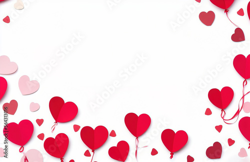 Valentine's day background with red and pink hearts like balloons on white background, flat lay, clipping path