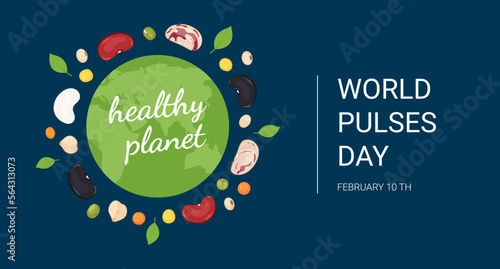 World Pulses Day horizontal blue banner. International event for the benefits of pulses for the whole planet. World legumes Day February 10th.