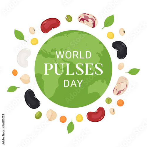 World Pulses Day design banner. Green planet with mix of beans. Benefits of grain legumes for the whole world. International event February 10th.