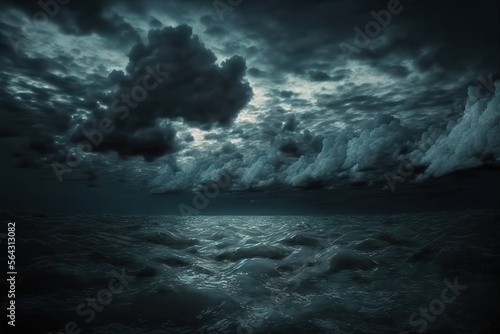 Blue sea water surfaces with ripples and waves. sky dark in the night generative ai