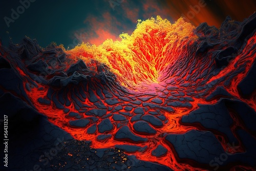Volcanic eruption with lava in the background. 3D rende generative ai illustration.