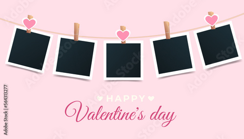 Valentine's Day pink background with blank set photo picture frames. Instant photos mockup hanging on a thread. Photo template. Vector illustration