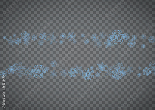 Snowflakes frame on transparent background. Christmas and Happy New Year. Isolated horizontal snowflakes frame for banners, gift cards, party invitation, partner compliment and special business offer