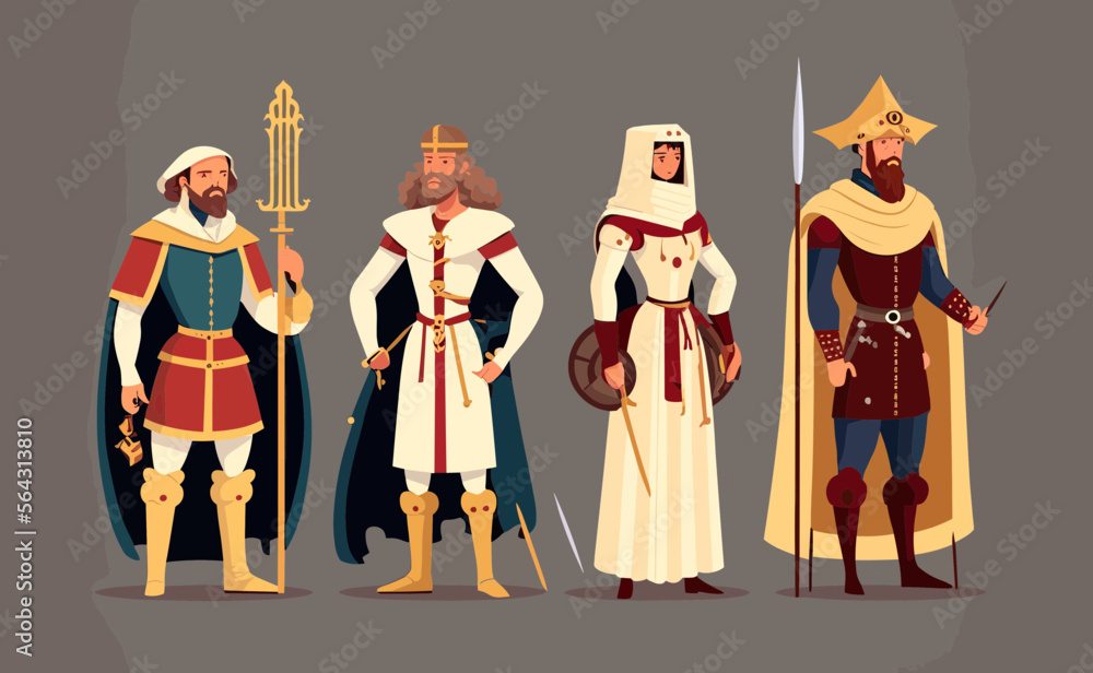 Set Of Medieval Characters Like Queens, Kings, Knights, Guardians, Maids, Stable Boys