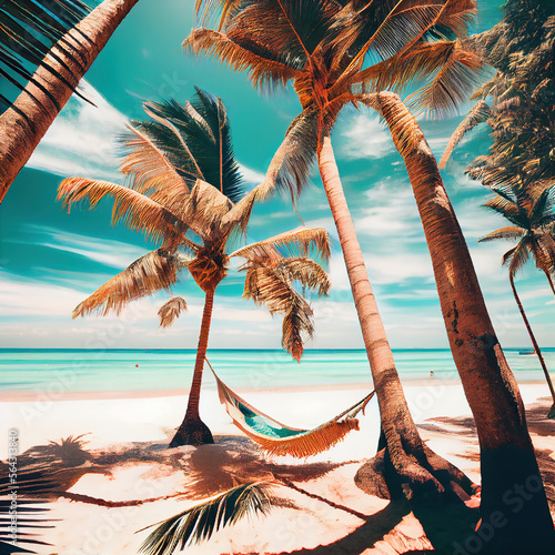 Tropical beach with hammock and palm trees. Generative AI