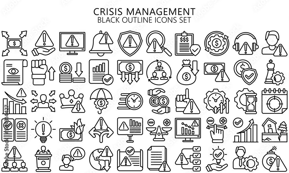 crisis management black outline icons set. contain finance, business, document, warning, money and more. Vector EPS 10 ready convert to SVG. use for modern concept, UI or UX kit, web and app crisis management black outline icons set. contain finance, business, document, warning, money and more. Vector EPS 10 ready convert to SVG. use for modern concept, UI or UX kit, web and app
