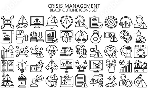 crisis management black outline icons set. contain finance, business, document, warning, money and more. Vector EPS 10 ready convert to SVG. use for modern concept, UI or UX kit, web and app