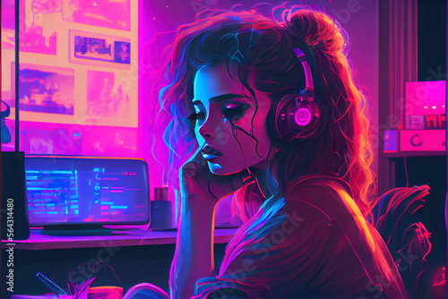 synthwave, girl in her room listening to music, Generative AI