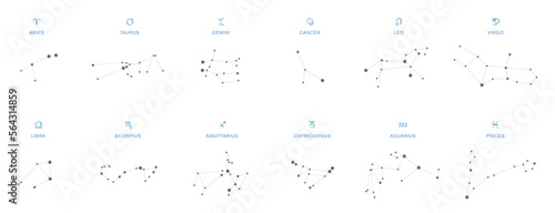 Constellations, astronomical patterns representing the twelve astrological symbols. Signs of the zodiac on the celestial sphere, visible stars in the night sky forming figures, connected with lines.
