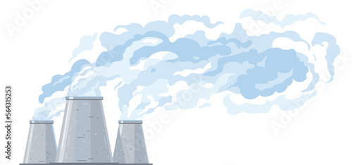Three gray cooling tower in side view evaporates water and forms clouds, fog formation from industrial buildings, industrial tower with blue clouds isolated illustration in flat style