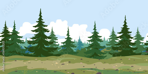 Ground trail along spruce forest with green trees game background tillable horizontally, tourist route near the dense spruce forest in summer day nature background, in search of forest adventures