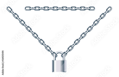 One locked metal padlock with chain in front view isolated illustration, security tool, hinger equipment for protection against burglary