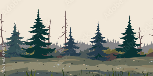 Mystical spruce forest with trunks of dead trees, game background tillable horizontally, danger wild place concept illustration background, way through a dangerous place