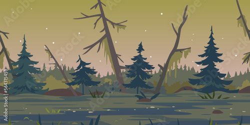 Dark swamp landscape with spruce trees and dead trees, terrible mystical place game background tillable horizontally, swamp with bulrush plants at twilight, disgusting mysterious place at night