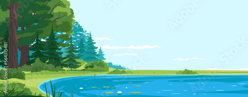 Scenic fishing place on lake nature landscape, quiet scenic place for outdoor recreation, place for camping on the lake bank, small blue lake with bulrush plants and white water lilies near the forest
