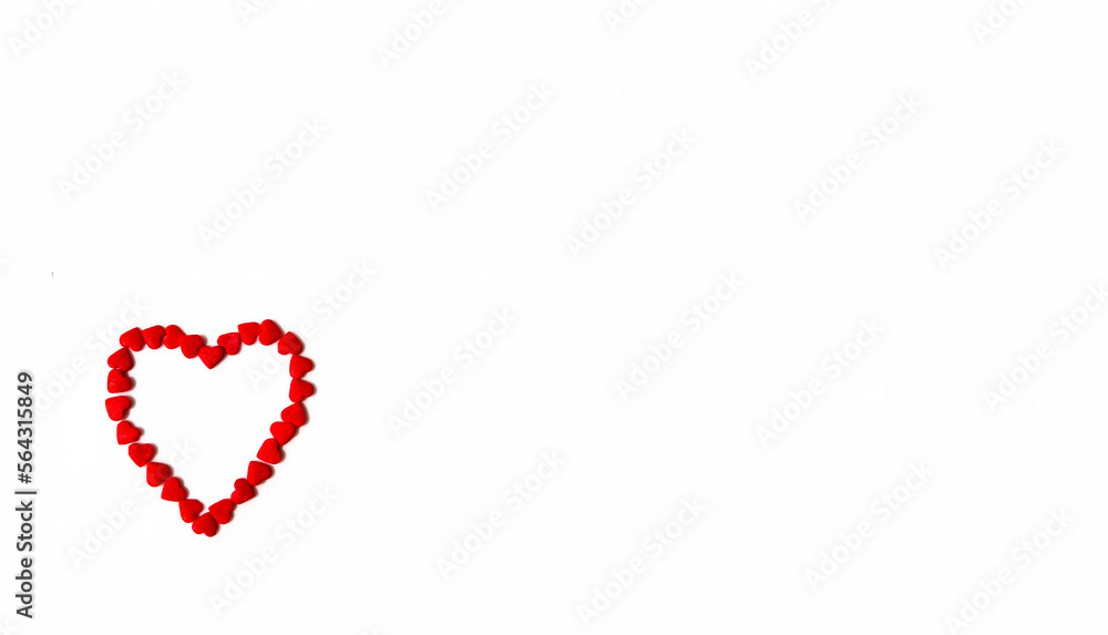Banner of red hearts forms a heart shape on a white background. Isolated heart shape. The concept of love and romance. Romantic background composition. Valentine's Day Banner of red hearts forms a heart shape on a white background. Isolated heart shape. The concept of love and romance. Romantic background composition. Valentine's Day