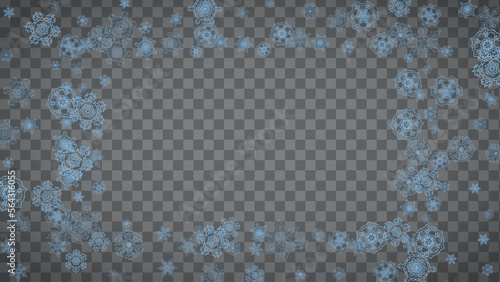 Snowflakes frame on transparent background. Christmas and Happy New Year. Isolated horizontal snowflakes frame for banners, gift cards, party invitation, partner compliment and special business offer