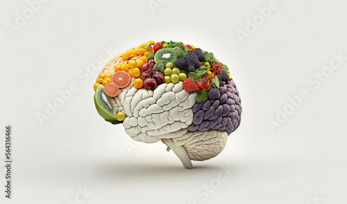 Illustration of a brain with vegetables and fruits on a white background.
