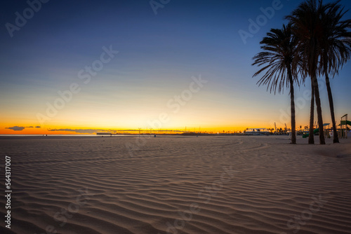 Playa de las Arenas beach by the Mediterranean Sea in Valencia at sunrise. Spain