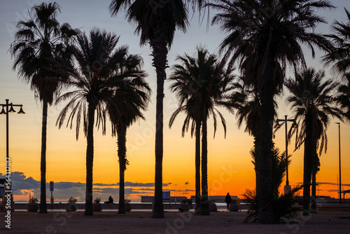 Playa de las Arenas beach by the Mediterranean Sea in Valencia at sunrise. Spain © Patryk Kosmider