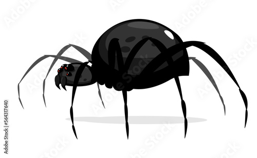 One big black cartoon spider with red evil eyes, scary spider in side view isolated