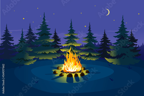 Bonfire in night spruce forest on glade and stars on sky with young moon, place for camping nature background, campfire with stones on round lawn, perfect spot to pitch tent