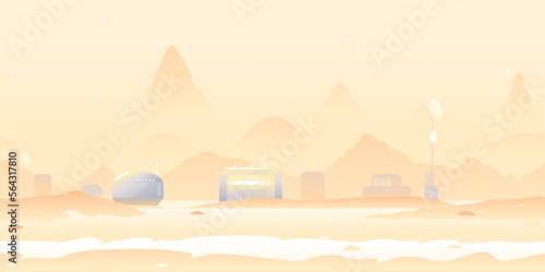 Martian landscape with Martian colony, colonization concept illustration game background tillable horizontally, orange sand hills with rocks on a deserted planet with hight mountains in view from afar
