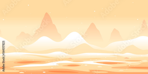 Martian sand dunes and yellow hills game background tillable horizontally, orange sand hills with rocks on a deserted planet with hight mountains in view from afar