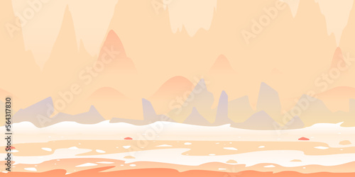 Martian landscape with danger sharp rocks game background tillable horizontally, fantastic purple rocks on a deserted planet with hight mountains in view from afar